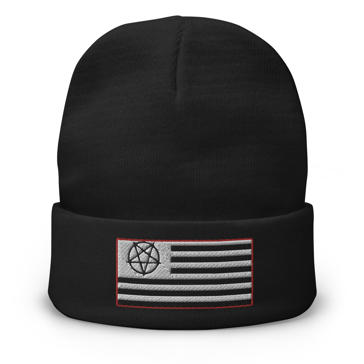 Black cuffed beanie with American Satanist Pentagram U.S. Flag embroidered artwork, front view