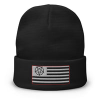 Black cuffed beanie with American Satanist Pentagram U.S. Flag embroidered artwork, front view
