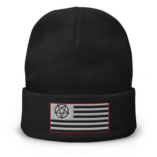 Black cuffed beanie with American Satanist Pentagram U.S. Flag embroidered artwork, front view