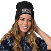 Black cuffed beanie with American Satanist Pentagram U.S. Flag embroidered artwork, front view
