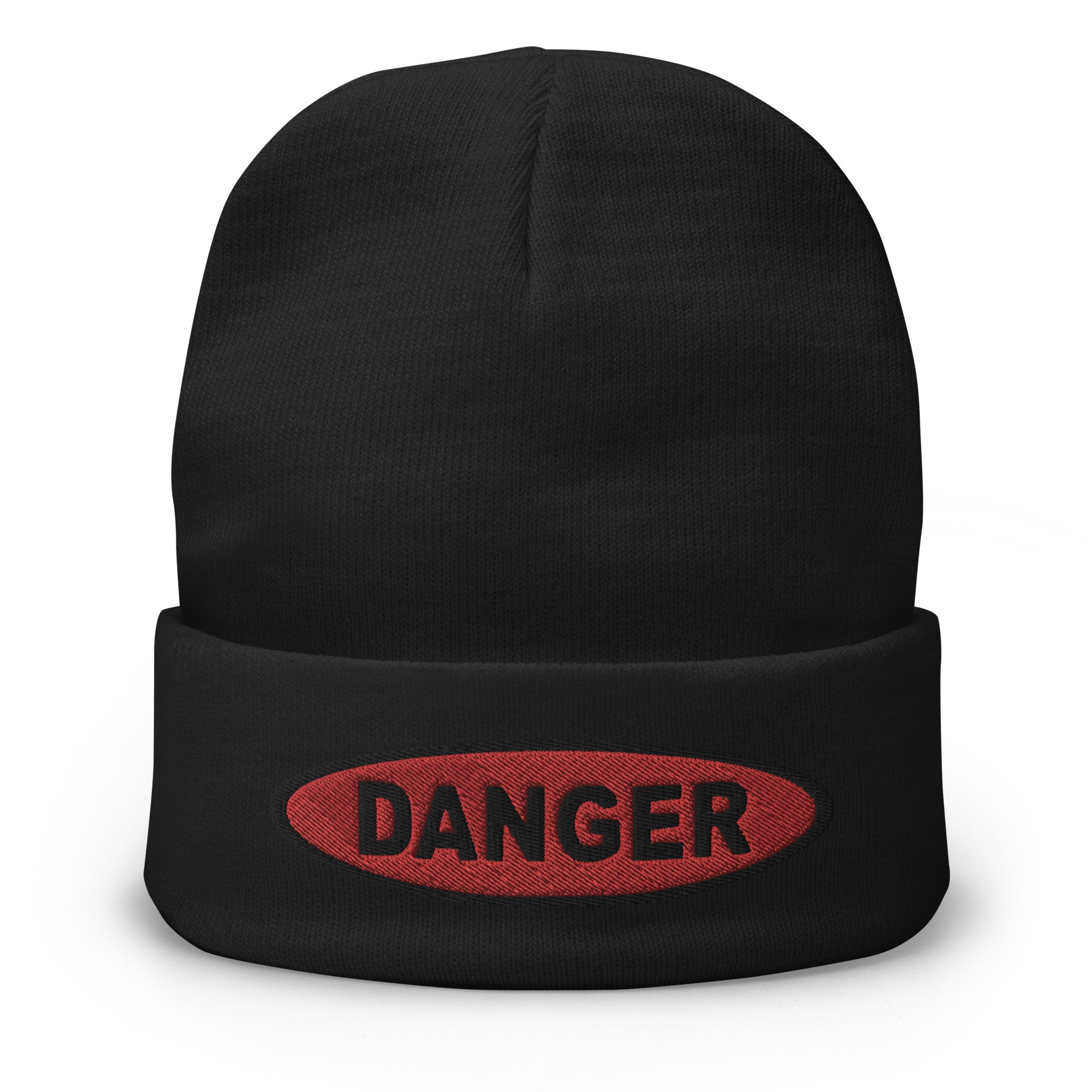 Danger Sign in Red Embroidered Cuff Beanie Warning - Edge of Life Designs