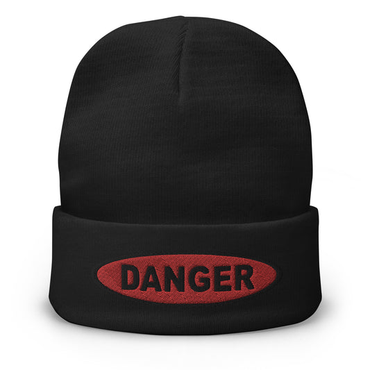 Black cuffed beanie with Danger Sign in Red embroidered artwork, front view