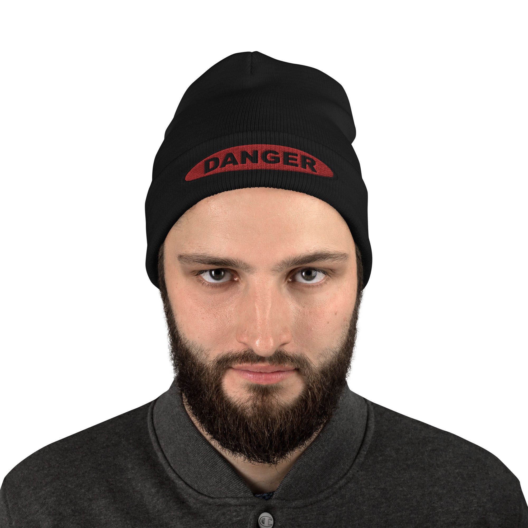 Danger Sign in Red Embroidered Cuff Beanie Warning - Edge of Life Designs