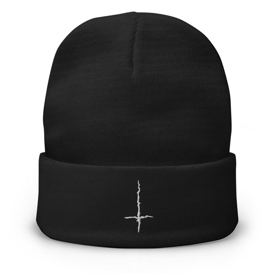 Black cuffed beanie with Black Metal Inverted Cross embroidered artwork, front view