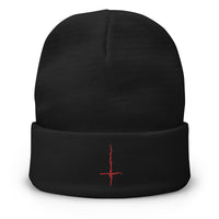 Black cuffed beanie with Black Metal Inverted Cross embroidered artwork, front view