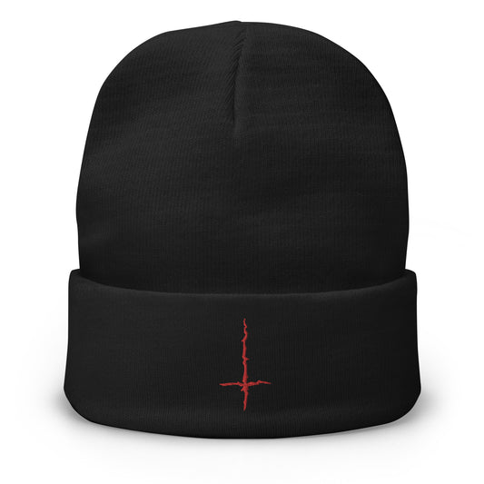 Black cuffed beanie with Black Metal Inverted Cross embroidered artwork, front view