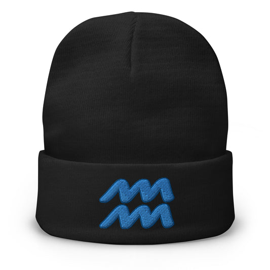 Black cuffed beanie with Zodiac Sign Aquarius embroidered artwork, front view