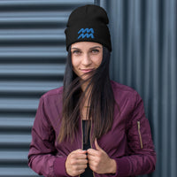 Black cuffed beanie with Zodiac Sign Aquarius embroidered artwork, front view