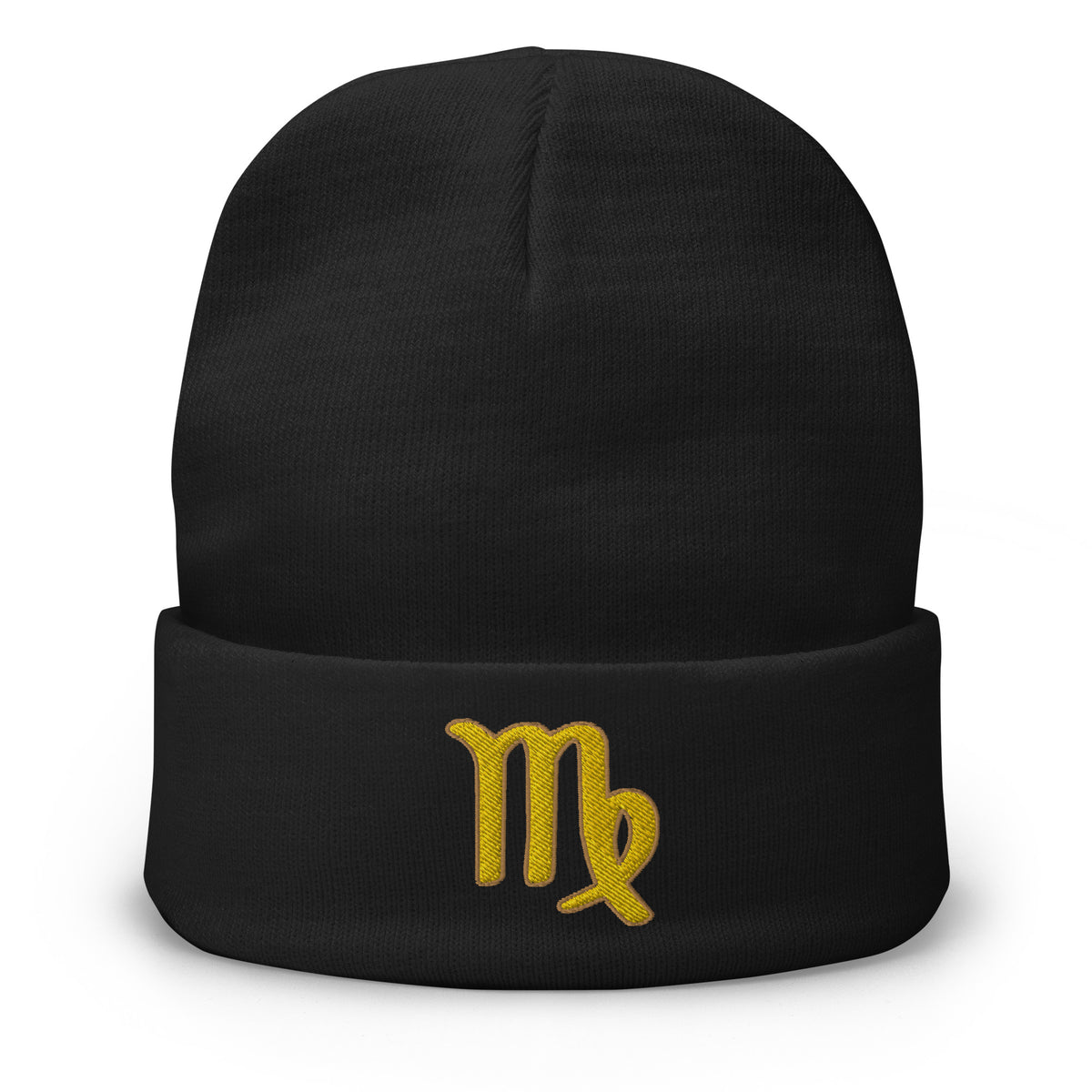 Black cuffed beanie with Zodiac Sign Virgo embroidered artwork, front view