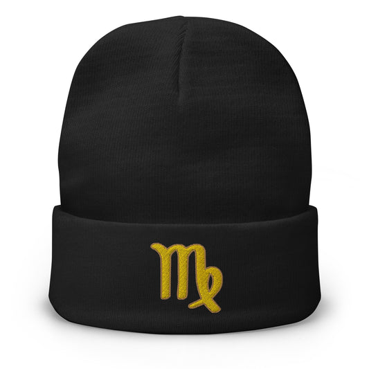 Black cuffed beanie with Zodiac Sign Virgo embroidered artwork, front view