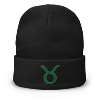 Black cuffed beanie with Zodiac Sign Taurus embroidered artwork, front view