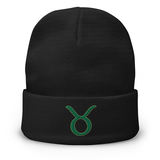 Black cuffed beanie with Zodiac Sign Taurus embroidered artwork, front view