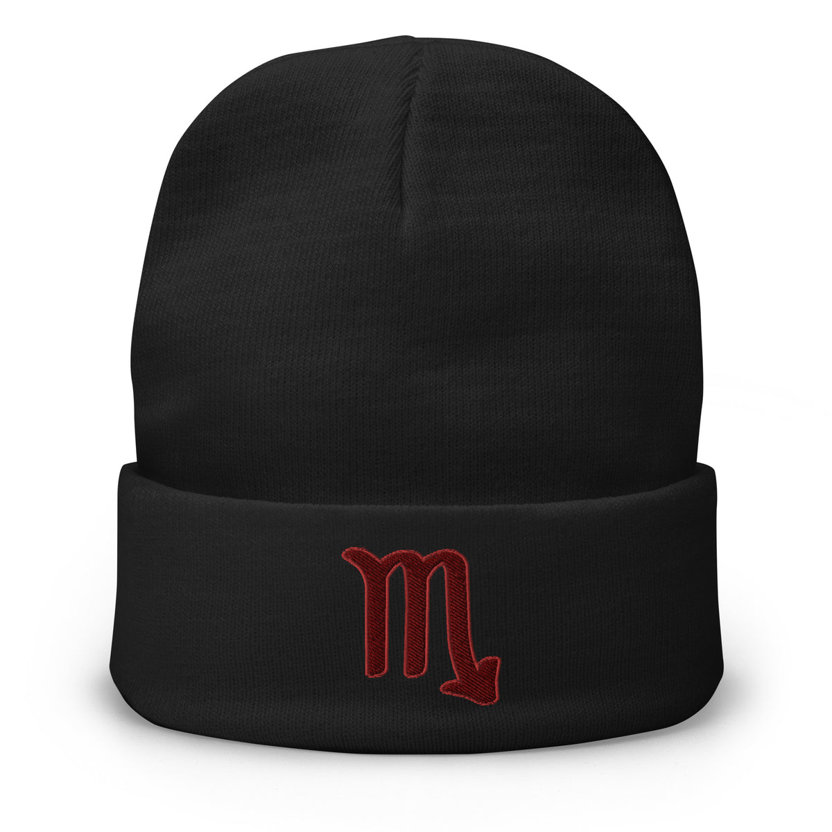 Black cuffed beanie with Zodiac Sign Scorpio embroidered artwork, front view