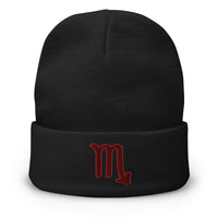 Black cuffed beanie with Zodiac Sign Scorpio embroidered artwork, front view