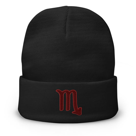 Black cuffed beanie with Zodiac Sign Scorpio embroidered artwork, front view
