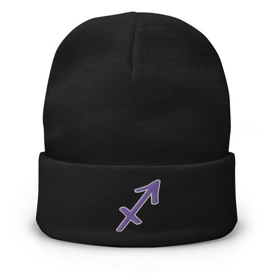 Black cuffed beanie with Zodiac Sign Sagittarius embroidered artwork, front view