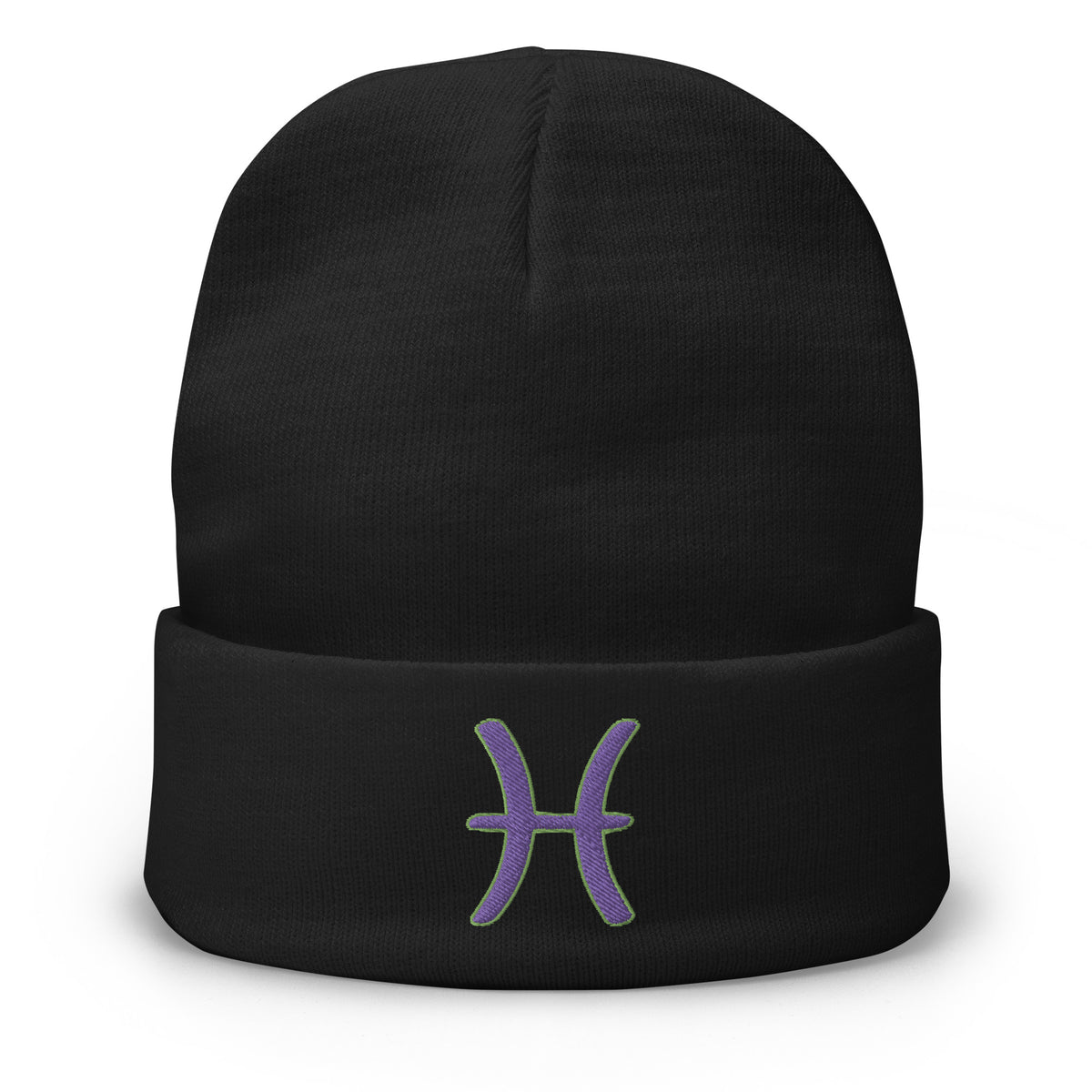 Black cuffed beanie with Zodiac Sign Pisces embroidered artwork, front view