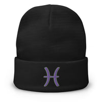 Black cuffed beanie with Zodiac Sign Pisces embroidered artwork, front view