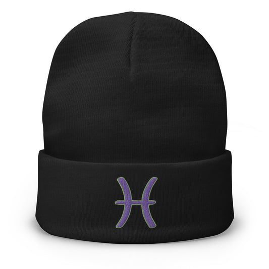 Black cuffed beanie with Zodiac Sign Pisces embroidered artwork, front view