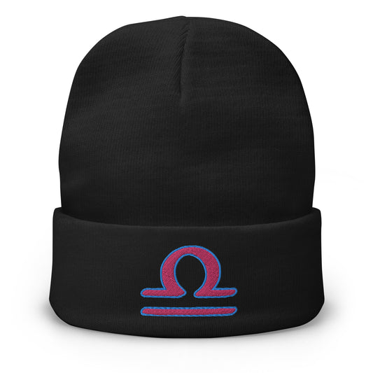 Black cuffed beanie with Zodiac Sign Libra embroidered artwork, front view