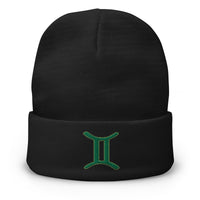 Black cuffed beanie with Zodiac Sign Gemini embroidered artwork, front view