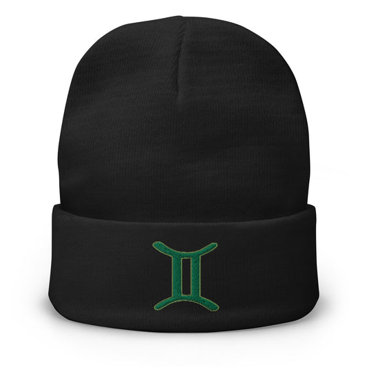 Black cuffed beanie with Zodiac Sign Gemini embroidered artwork, front view
