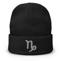 Black cuffed beanie with Zodiac Sign Capricorn embroidered artwork, front view