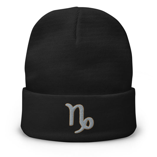 Black cuffed beanie with Zodiac Sign Capricorn embroidered artwork, front view