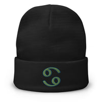 Black cuffed beanie with Zodiac Sign Cancer embroidered artwork, front view