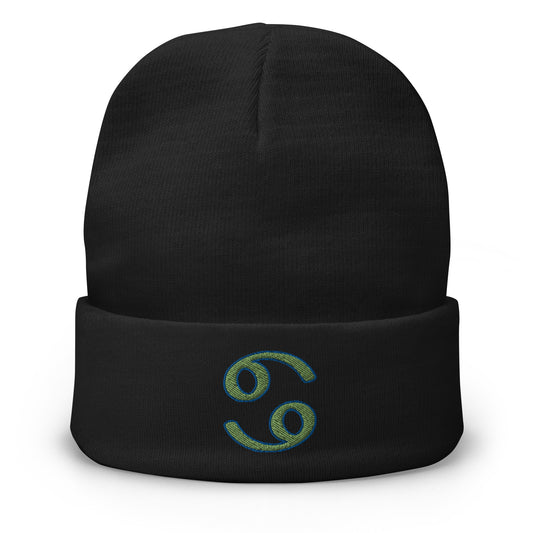 Black cuffed beanie with Zodiac Sign Cancer embroidered artwork, front view