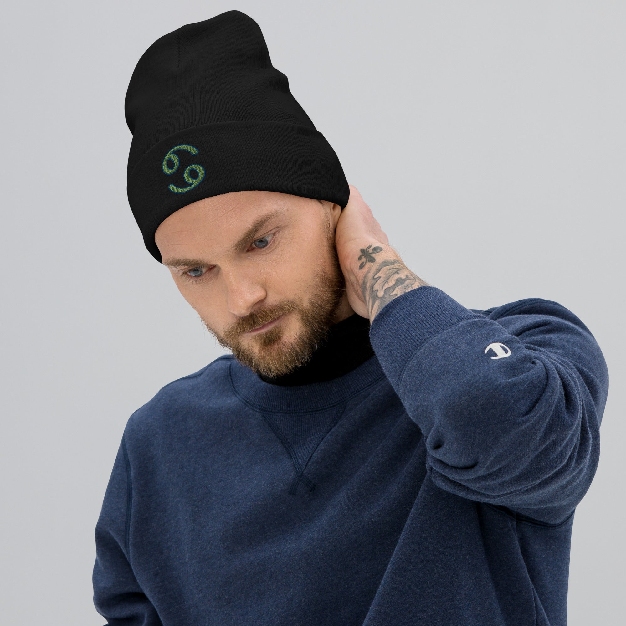 Zodiac Sign Cancer Embroidered Cuff Beanie Astrology Horoscope Blue Green Thread - Edge of Life Designs