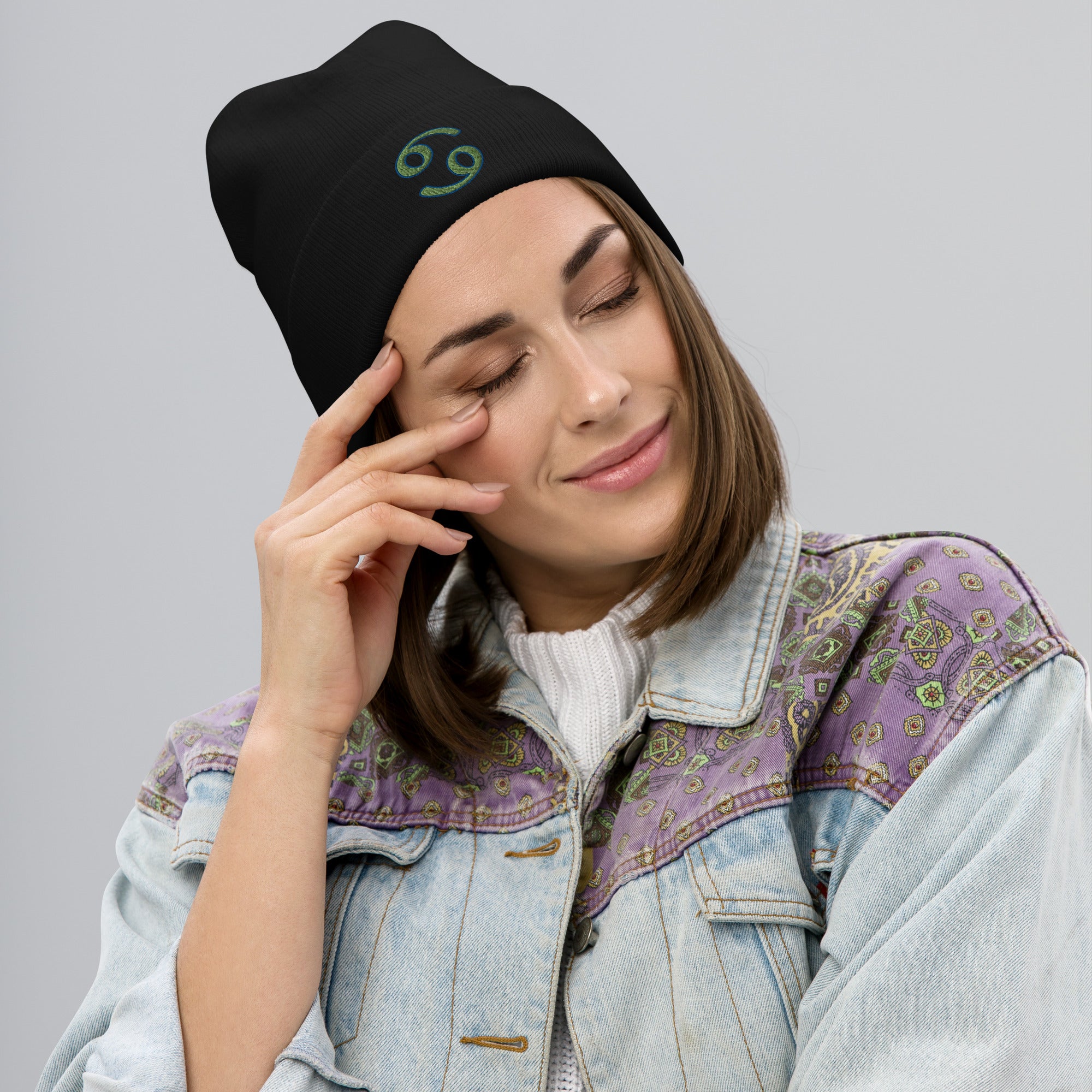 Zodiac Sign Cancer Embroidered Cuff Beanie Astrology Horoscope Blue Green Thread - Edge of Life Designs