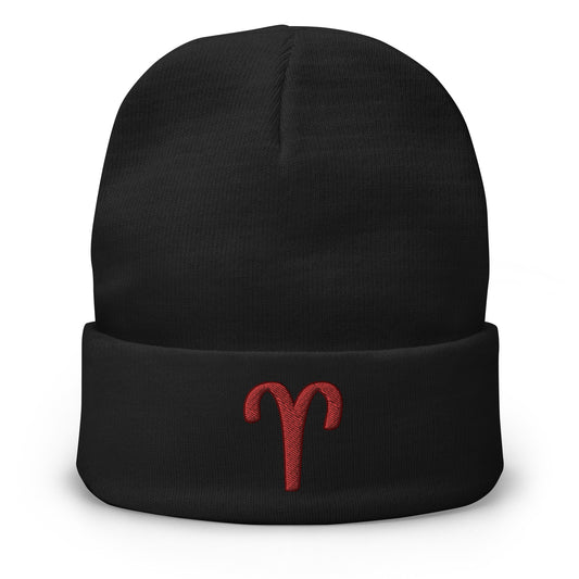 Black cuffed beanie with Zodiac Sign Aries embroidered artwork, front view