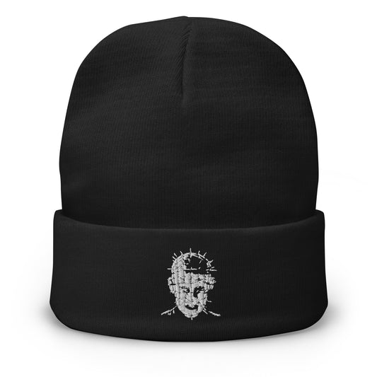 Black cuffed beanie with The Hell Priest Pinhead Cenobite Demon embroidered artwork, front view