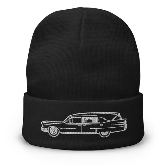 Black cuffed beanie with Hearse Funeral Car embroidered artwork, front view