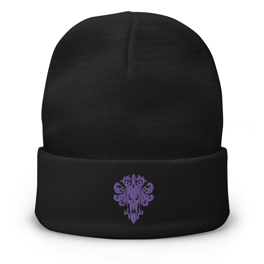 Black cuffed beanie with Haunted Mansion Demon Wallpaper embroidered artwork, front view