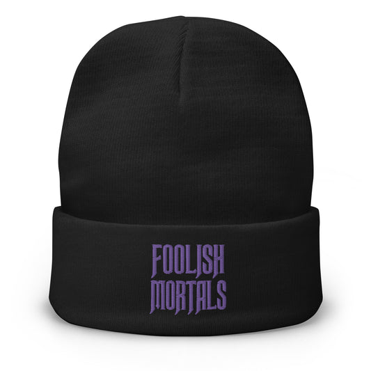 Black cuffed beanie with Foolish Mortals Haunted Mansion embroidered artwork, front view