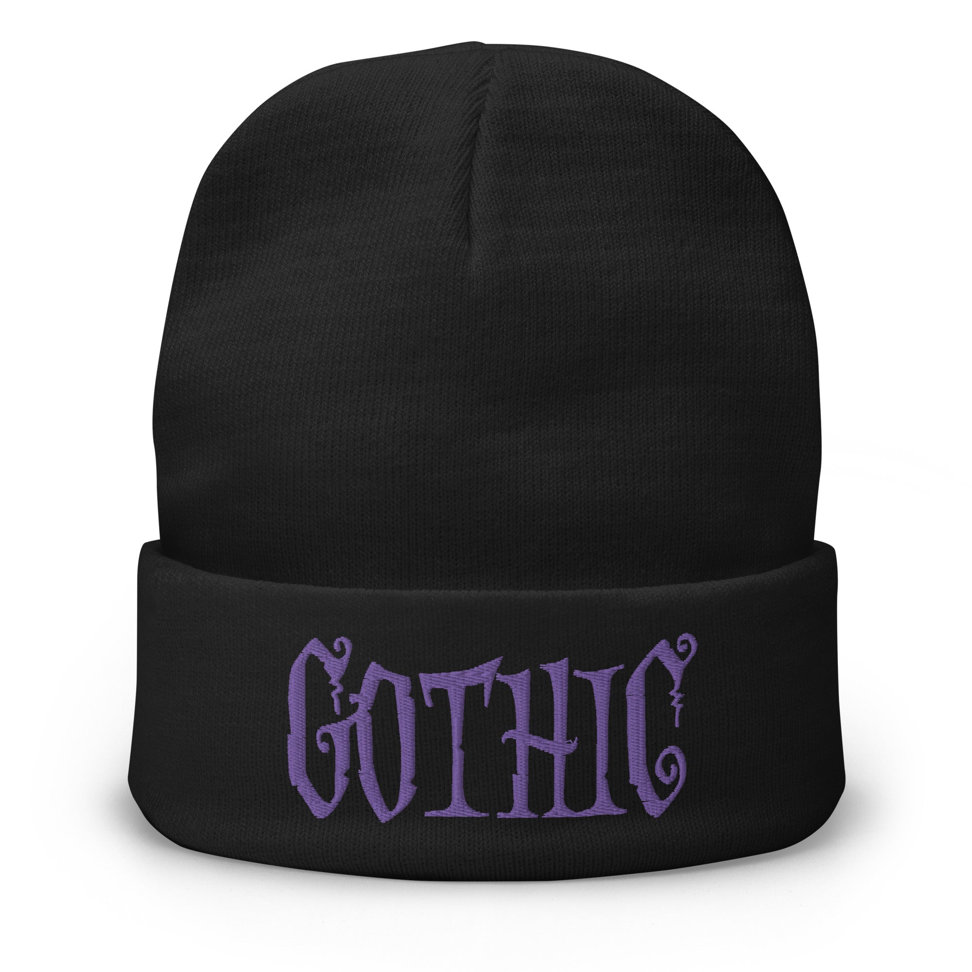 Gothic Dramatic Style Embroidered Cuff Beanie Dark Goth Clothing Purple Thread - Edge of Life Designs