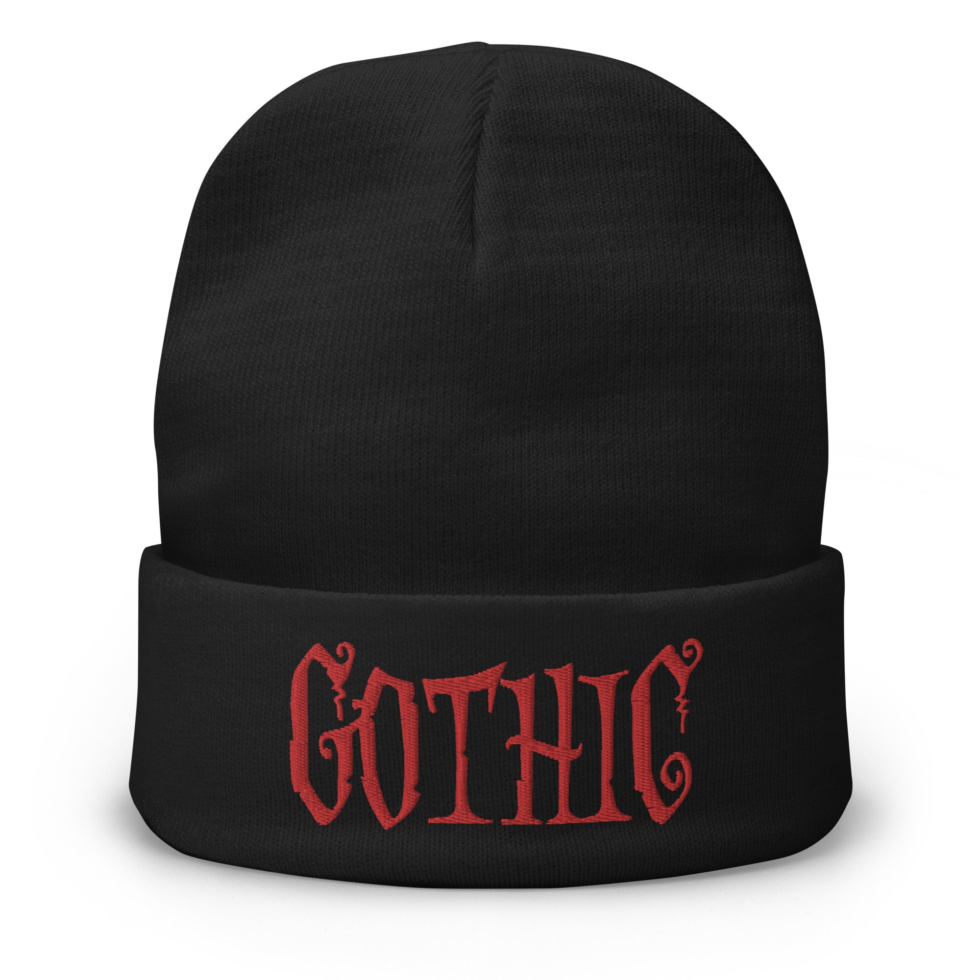 Gothic Dramatic Style Embroidered Cuff Beanie Dark Goth Clothing Red Thread - Edge of Life Designs