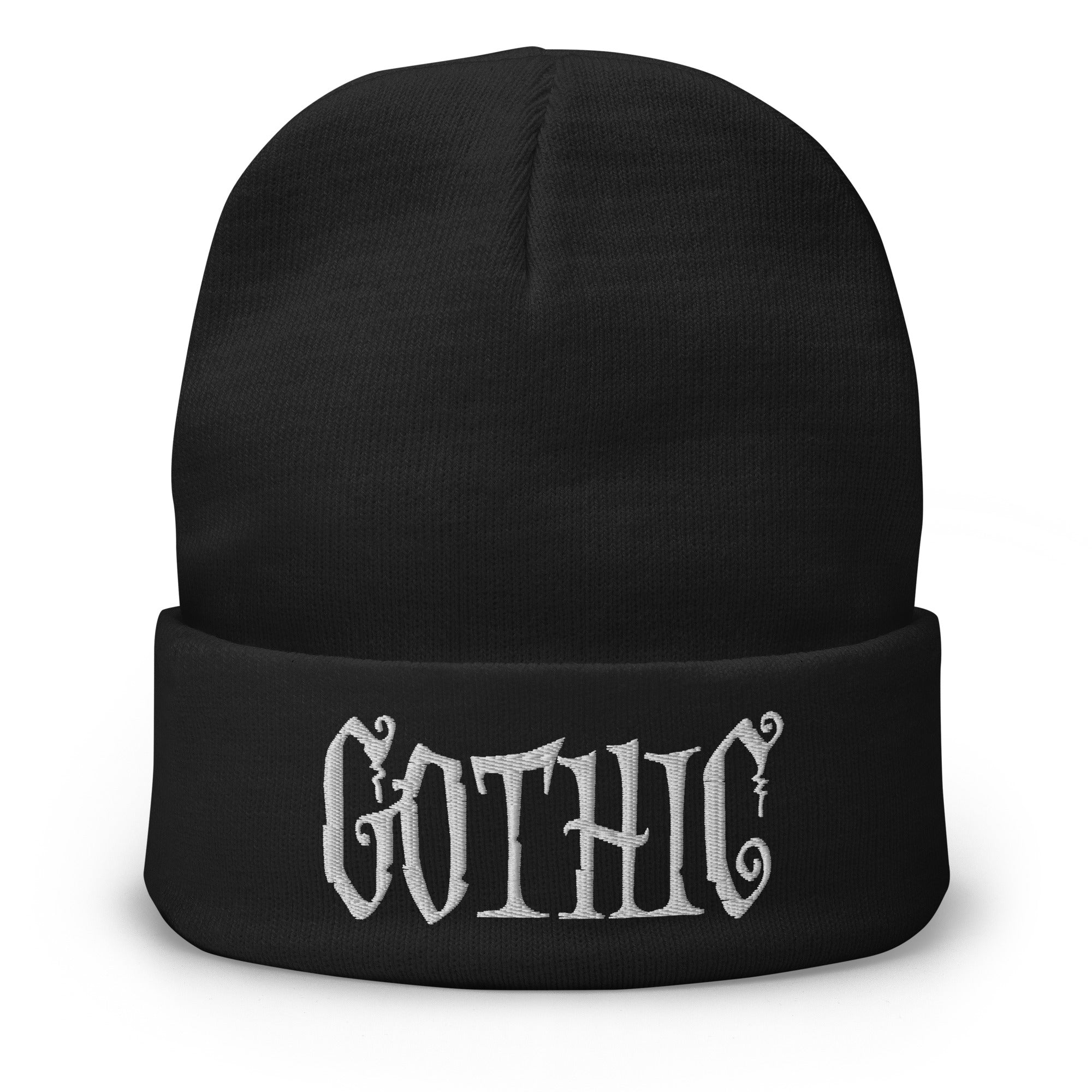 Gothic Dramatic Style Embroidered Cuff Beanie Dark Goth Clothing White Thread - Edge of Life Designs