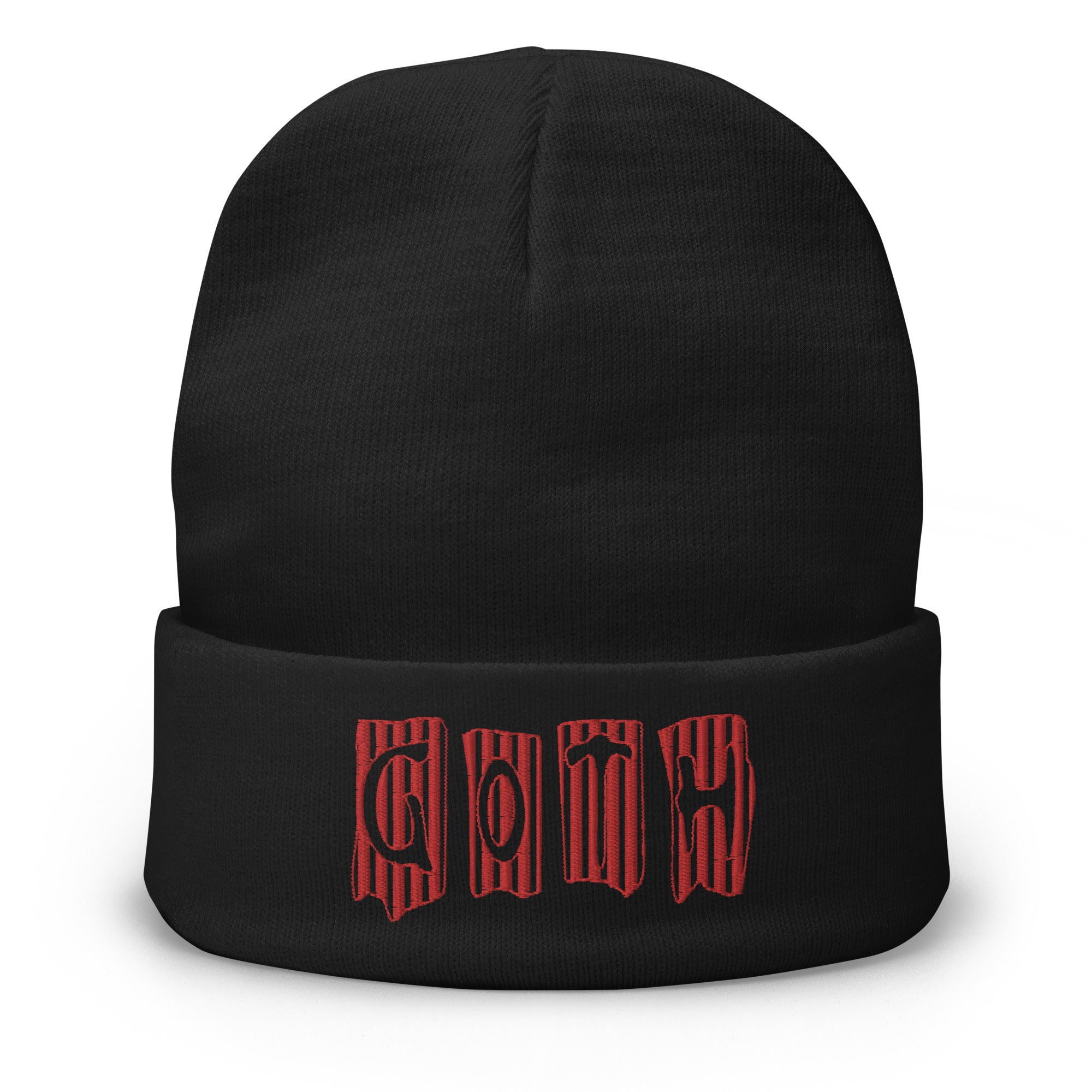 Black and Red Vertical Stripe Goth Embroidered Cuff Beanie - Edge of Life Designs
