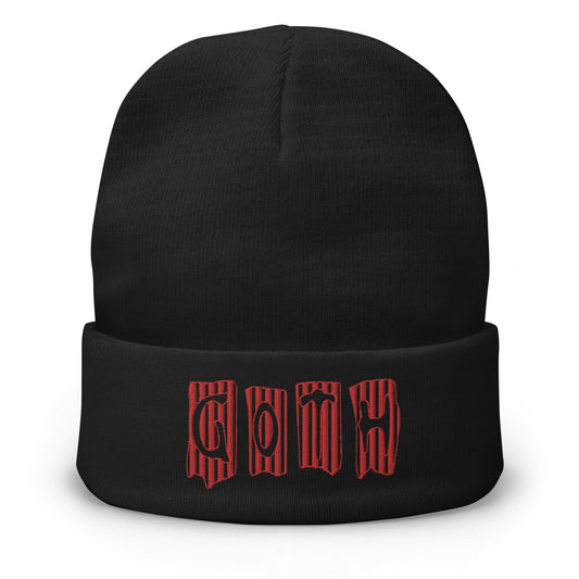 Black cuffed beanie with Black and Red Vertical Stripe embroidered artwork, front view