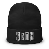 Black cuffed beanie with Black and White Vertical Stripe embroidered artwork, front view