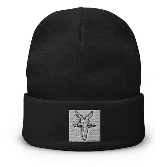 Black cuffed beanie with Evil Goat Head Baphomet embroidered artwork, front view