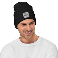 Black cuffed beanie with Evil Goat Head Baphomet embroidered artwork, front view