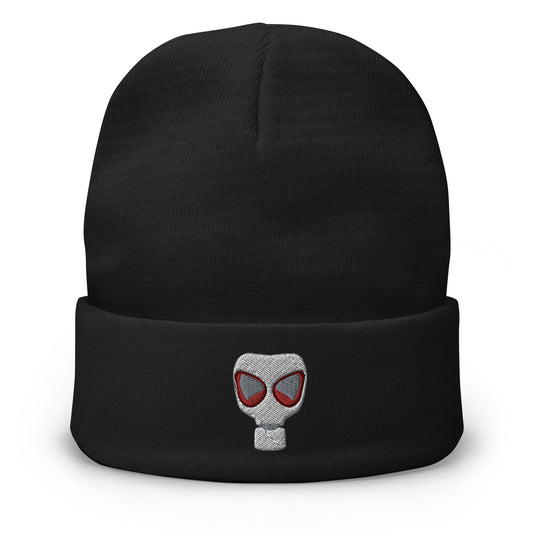 Black cuffed beanie with WWII Era Bio Hazard Gas Mask embroidered artwork, front view