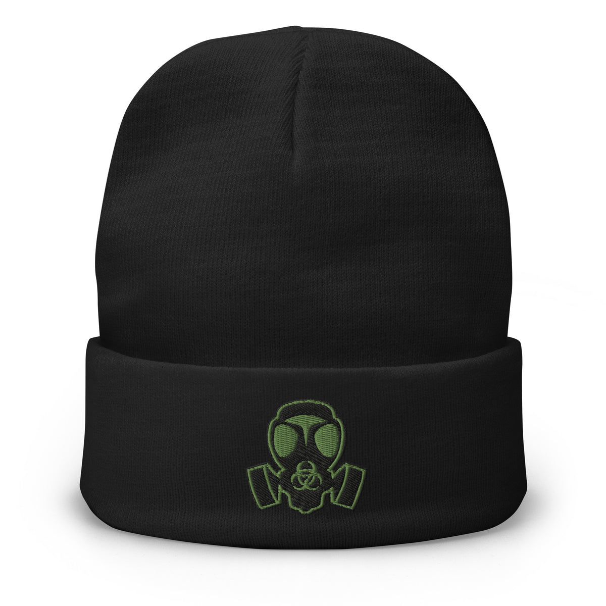 Black cuffed beanie with Bio Hazard Gas Mask embroidered artwork, front view