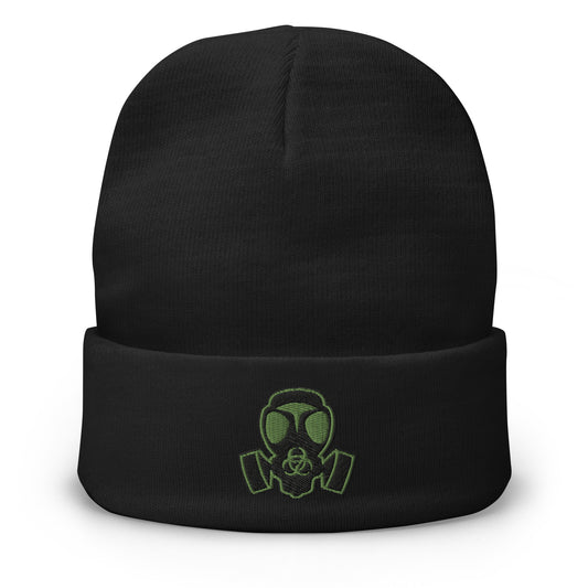 Black cuffed beanie with Bio Hazard Gas Mask embroidered artwork, front view