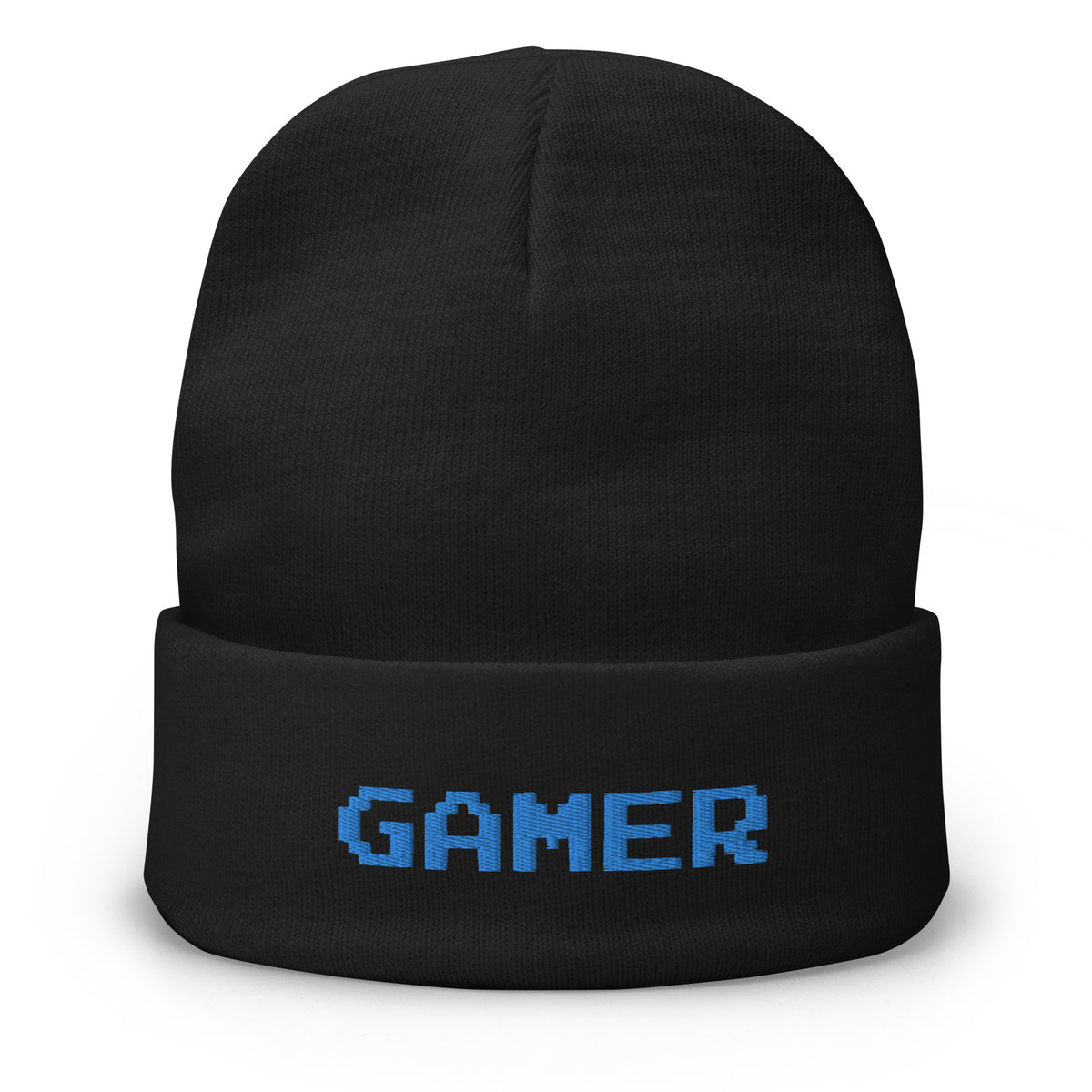 Black cuffed beanie with 8 Bit Gamer embroidered artwork, front view