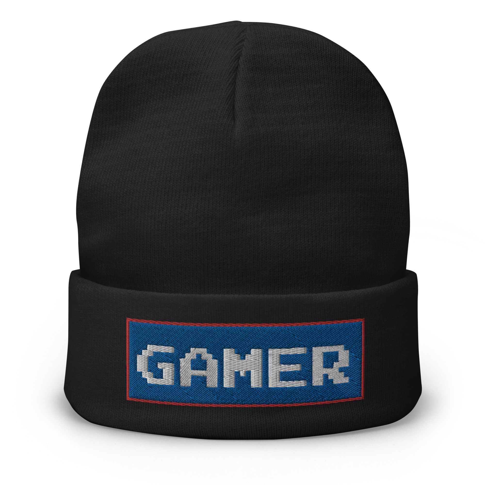 8 Bit Gamer Embroidered Cuff Beanie Blue White 80's Retro Style Gaming - Edge of Life Designs